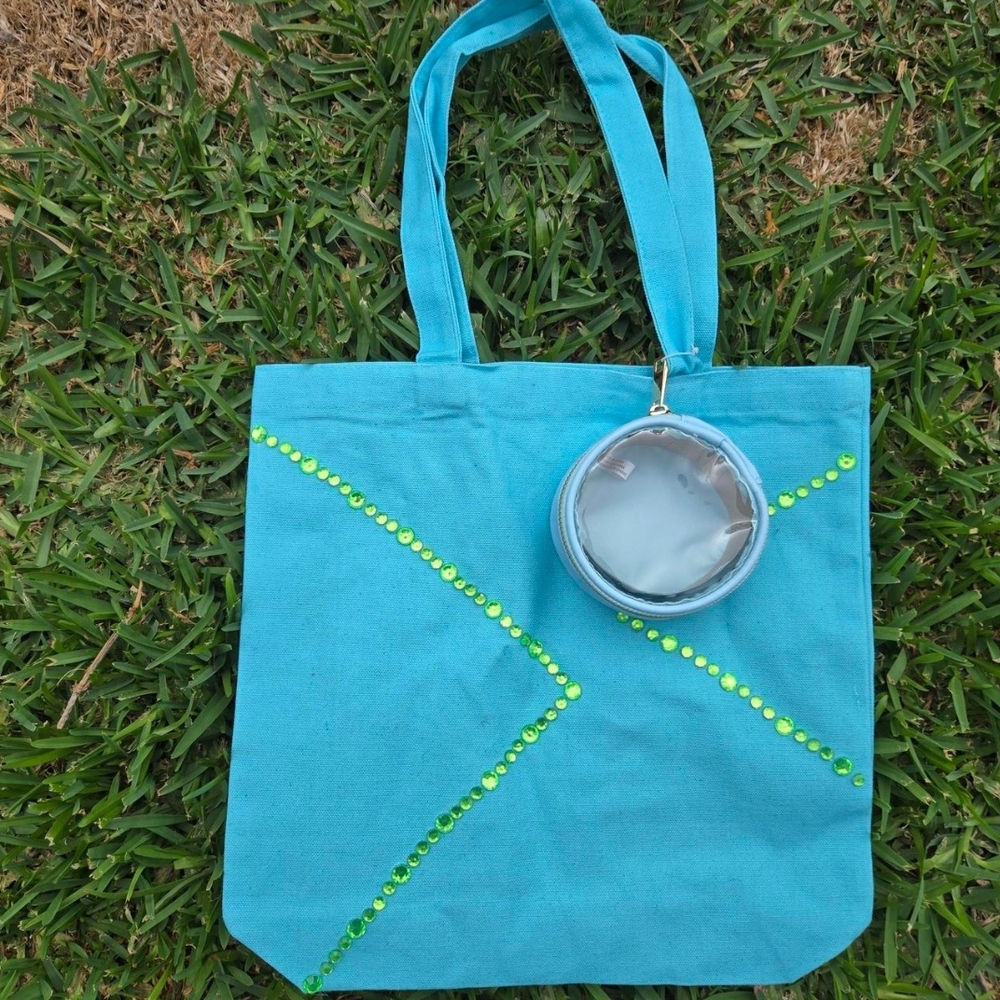 Vibrant Blue and Green Canvas Tote with Geometric Design